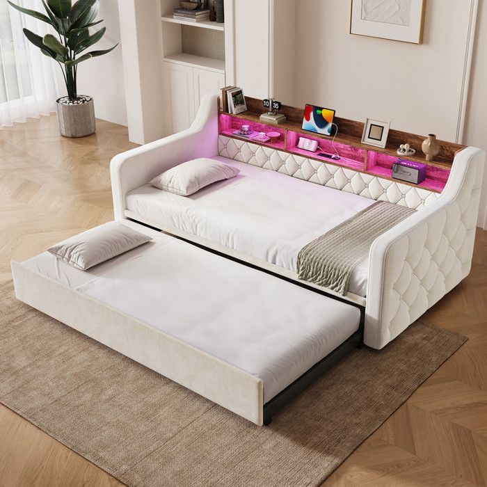 Canapé-lit avec éclairage LED 90x190cm avec lit gigogneEspace de rangement-tête de lit en boisConnexion USB Type CBeige