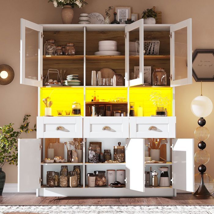Buffet cuisine - WESTYLE - MDF bicolore - LED intégrée multicolore - Portes vitrées acryliques - Étagères réglables