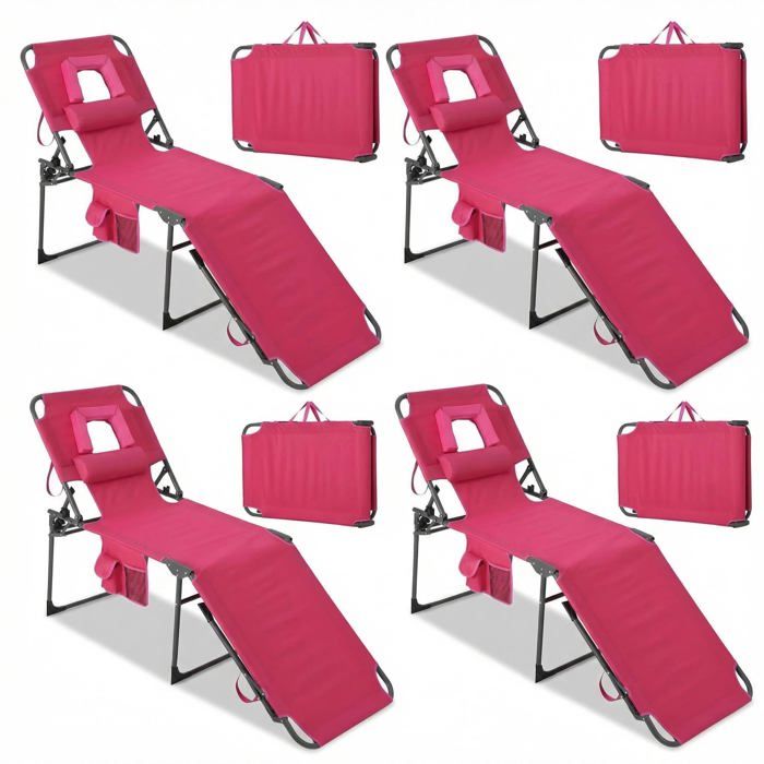 Lit de soleil pliable 5 positions rose lot 4 coussin oreiller