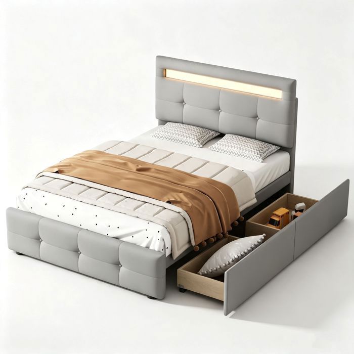 URTR Lit plateforme capitonné 90x200 cm LED 2 tiroirs lin doux peau lit simple enfant/ado/invité Grau