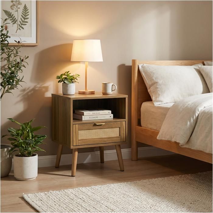 Table de chevet en rotin - 45x40x55 cm - Table dappoint 1 tiroir et niche - Poignée dorée - Pieds bois - Noyer