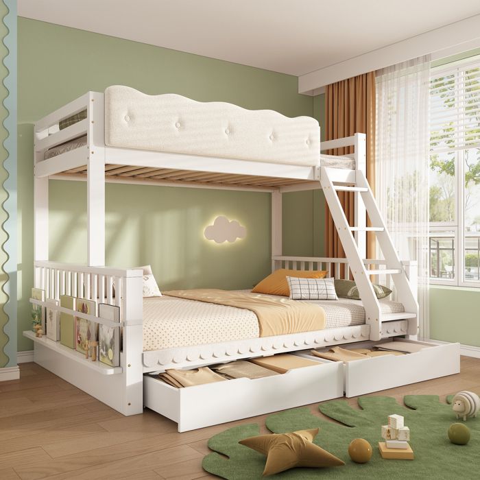 Lit superposé enfant 2/3 places 90/140×200 Lit adolescents adulte Lit triple Lit double en bois avec 2 tiroirs porte-revues blanc