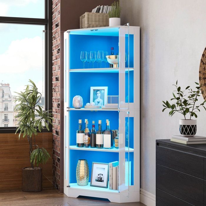 Colonne de Cuisine 4 Portes Vitrées 2 Étagères Réglables et LED RGB - MODENVIE - MDF Verre Blanc 40×40×165 cm