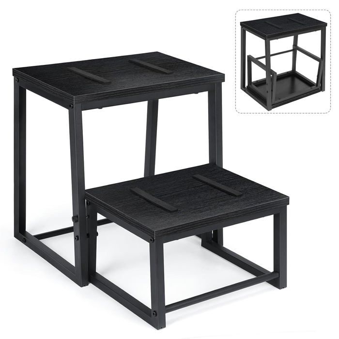 Tabouret escabeau 2 marches rétractable en bois cadre métal antidérapant 54 x 40 x 41 5 cm 160 kg - noir