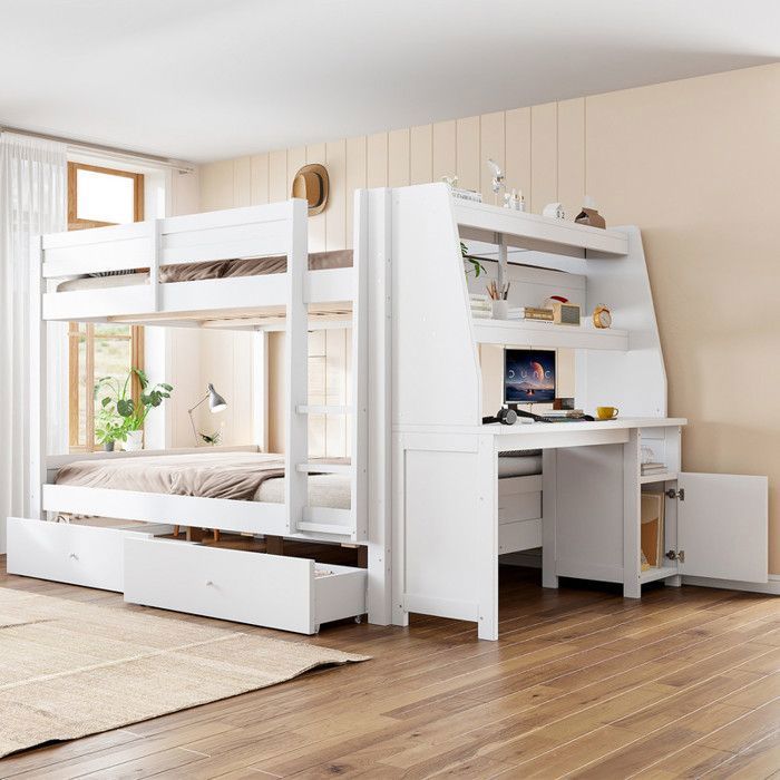 Piaenon - Lit superposé 140x200 cm double avec bureau rangement tiroirs et étagères - bois blanc
