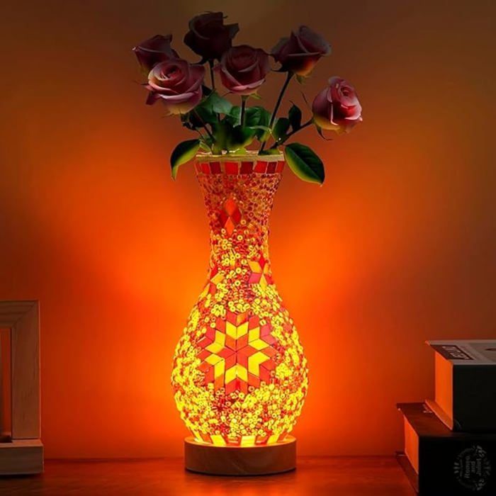 Lampe Vase Mosaïque Turque Rétro Verre Coloré Fait Main Sur Base Bois Lumière Douce USB Pour Salon Chambre Décora LAMPE A POSER