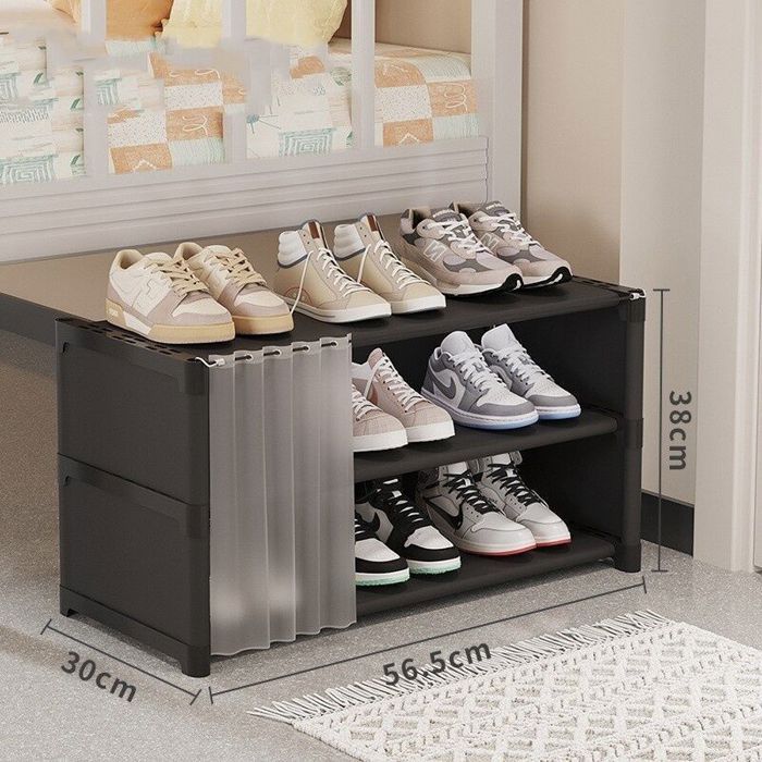 Meuble à chaussures simple à trois niveaux avec rideau de porte - Noir