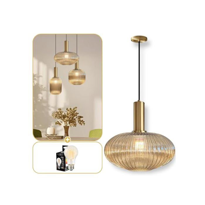 Lustre - LUMEO CREATIVE - Ambre Brillant C - Verre haute densité - Hauteur réglable - Aluminium brossé