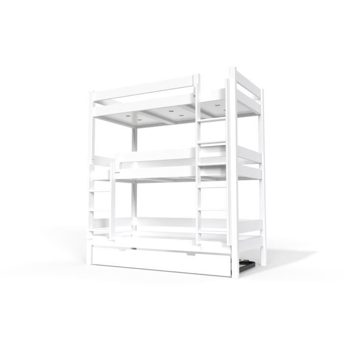 lit superposé abc meubles abc 4 places en bois massif 90x190 blanc - a lattes - classique