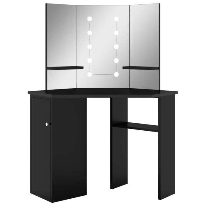 Coiffeuse dangle - AKOZON - Noir - 111x54x1415 cm - Miroir 3 panneaux - Ampoules LED incluses