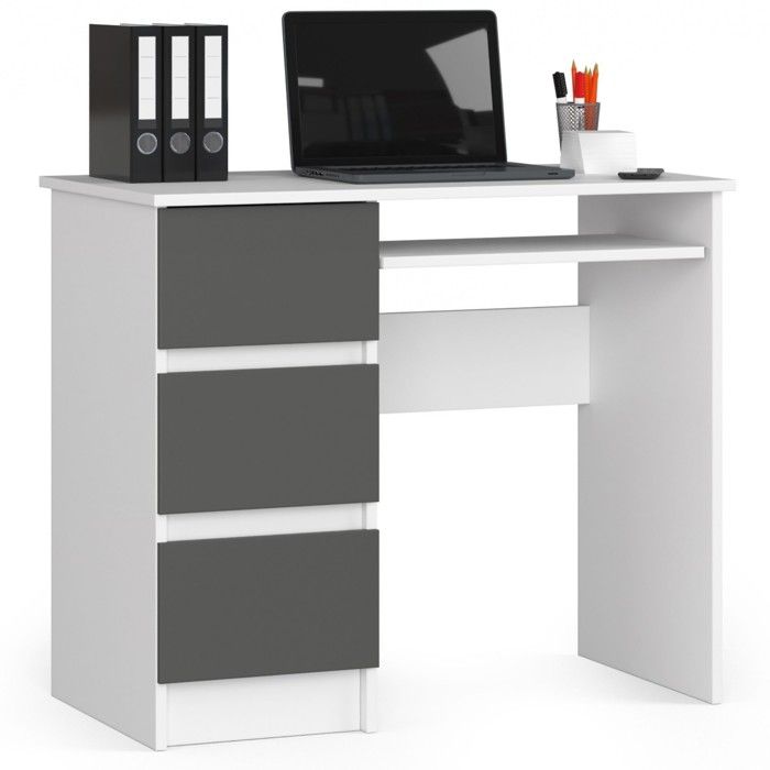 Bureau dordinateur AKORD gauche A6 Blanc 90 cm 3 tiroirs façade Gris Graphite 1 étagère 90x50x77 cm