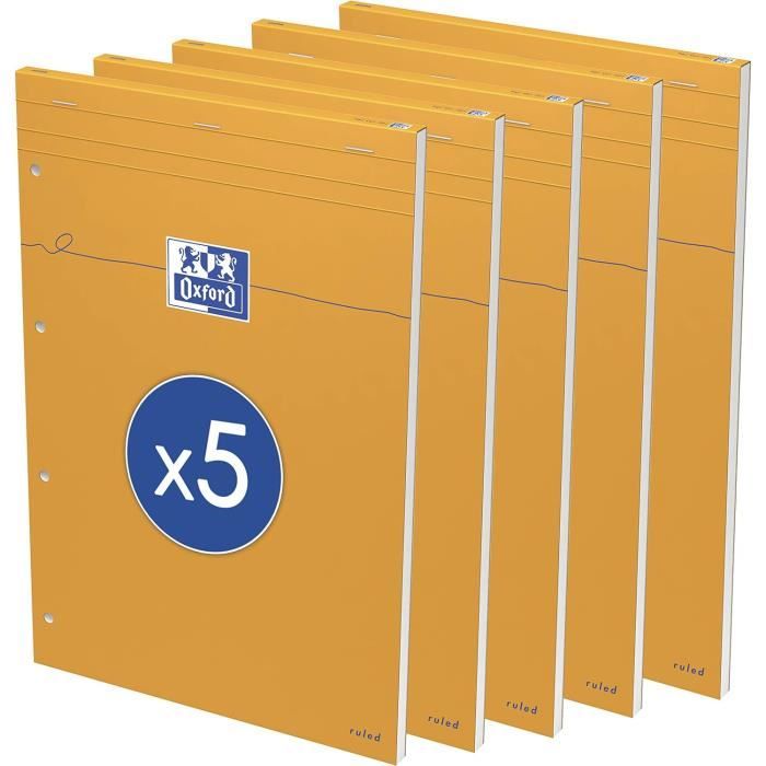 Oxford Lot De 5 Bloc-Notes Perforés A4+ Lignés Orange 80 Feuilles - Papier 80g/m² Jaune