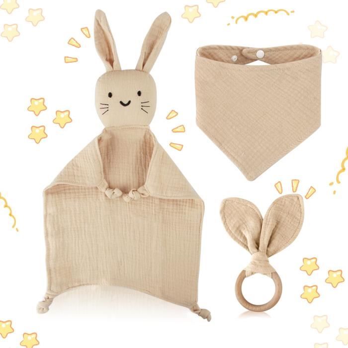 Coffret Cadeau Naissance Bébé - Doudou Lapin, Bavoir Bandana, Anneau De Dentition Bois - Coton Bio, Mixte