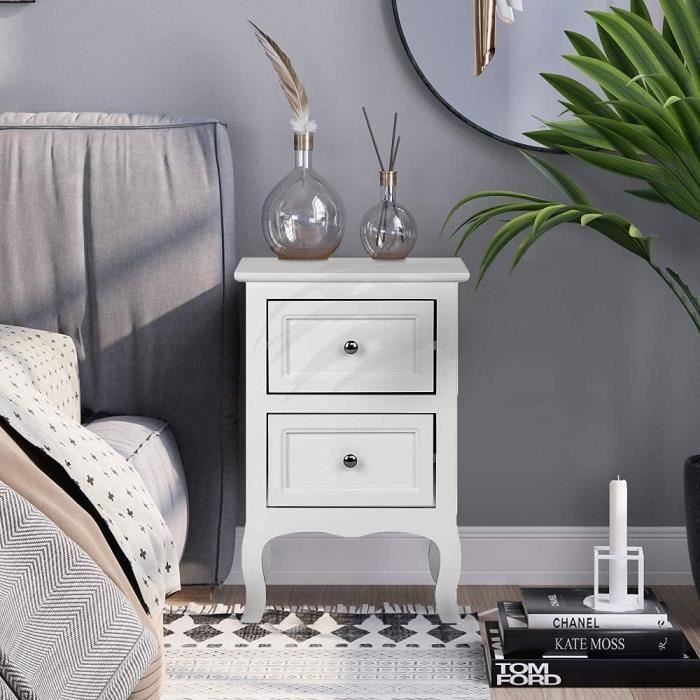 table de chevet bois blanc, avec 2 tiroirs table de nuit scandinaves style,meuble chambre à coucher