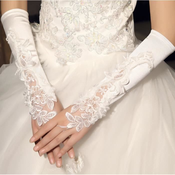 froncée Blanc satin nuptiale de mariage long nationales gant 