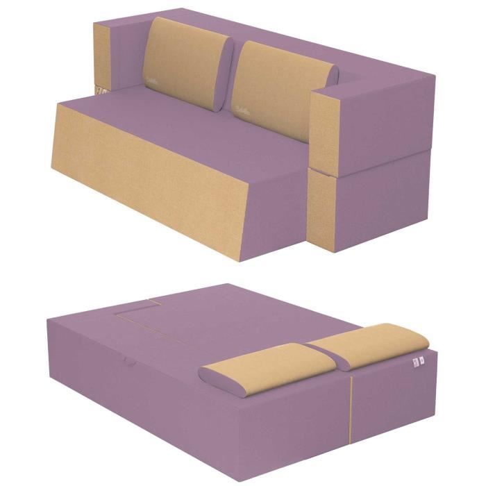 canapé lit praticho convertible modulable réversible 2 places -tissu dehoussable et lavable couleur lilas