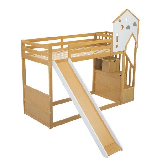 Lit Mezzanine Enfant Avec Bureau, Armoire, étagères Et Toboggan - Multifonction 90x200 Cm - Structure En Bois (MDF/pin) - Blanc - Norme EN747 - Pour Chambre D'enfant - 11