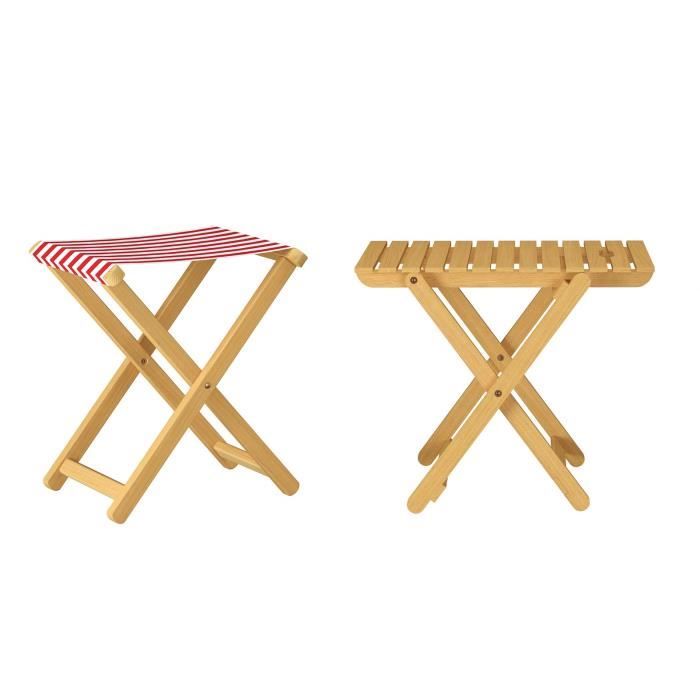 Tabouret de jardin pliable bois hêtre naturel avec tissu rouge et blanc V-10-216N-14 [pièce unique avec table]