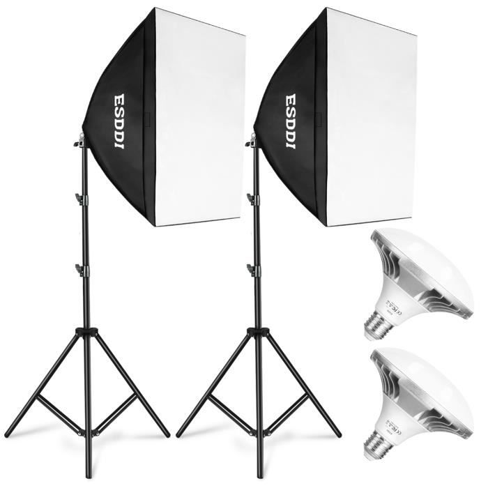 ESDDI Softbox Ensemble Studio 5400K LED Kit d'éclairage Continu de Boîte à Lumière 900W avec 2 Ampoules LED E27 pour la Photographie