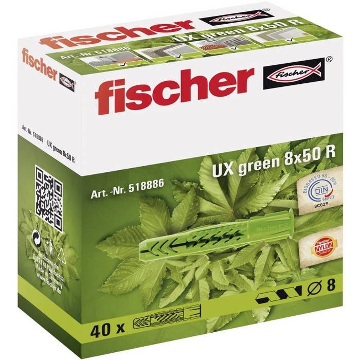 Chevilles universelles - FISCHER - UX Green - 6 mm x 35 mm - 40 pièces - Matériaux renouvelables