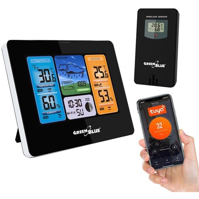 GreenBlue GB215 Stazione Meteo Wireless Con Wi-Fi E App Tuya – Sensore Esterno, Barometro, Calendario Fino Al 2099, Fasi Lunari