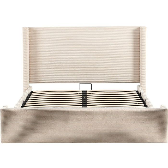 Lit coffre adulte 140x190 cm avec tête de lit capitonnée en velours côtelé beige - Elma Lit coffre adulte 140x190 cm avec tête de lit capitonnée en velours côtelé beige - Elma
