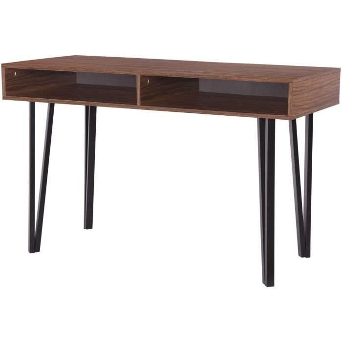 Bureau LOFTY - MDF - Décor Noyer - Pieds en métal noir - 2 Niches de rangement - L 120 x P 55 x H 76