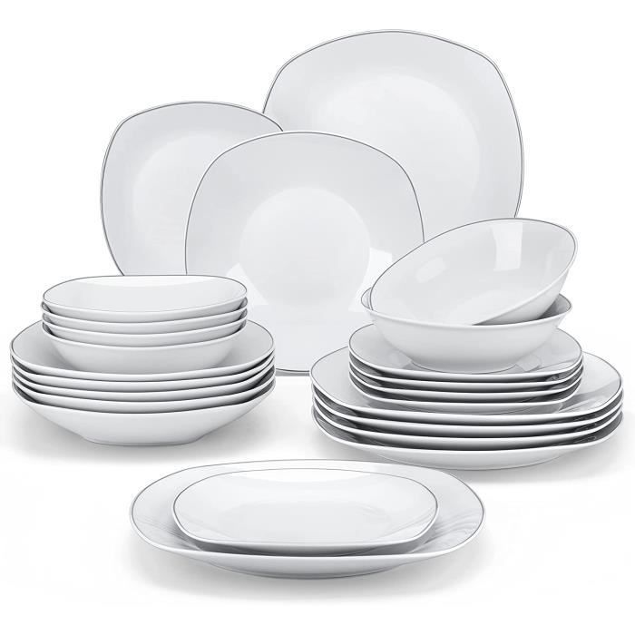 MALACASA Vaisselle ELISA-ST Service Complet de Table 24 Pièces pour 6 Personnes avec Bord Argenté - Gris Blanc