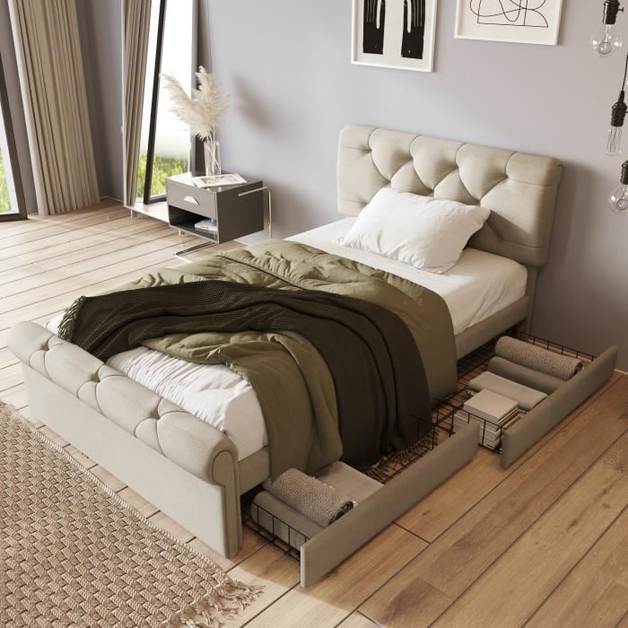 lit capitonné 90 x 200 cm avec 2 tiroirs pour adulte ou enfant, tissu en lin, tête de lit réglable, style scandinave, naturel