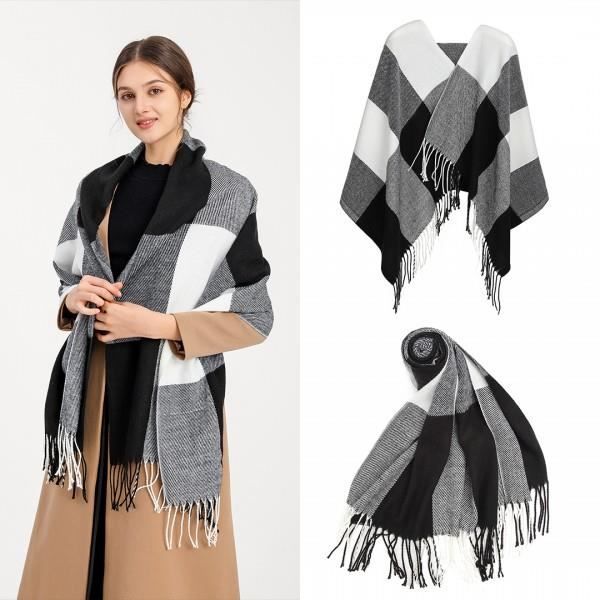Écharpe Femme Hiver Grand Carreaux - Faux Cachemire, Longueur 200 Cm, Franges - Châle Doux Et Chaud Pour Noël, Cadeau - 8