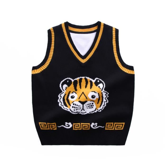 Pull Gilet en Tricot B b Gar on Mignon Col V Sans Manches Motif Tigre Noir