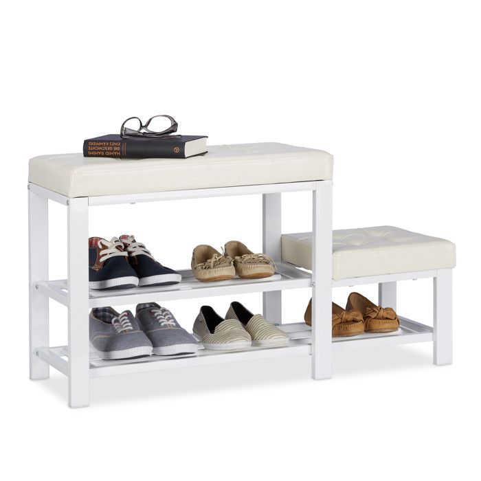 Relaxdays Banc d’entrée avec Tabouret Adulte & Enfant Coussin rembourré confortable 2 Niveaux 50 x 90 x 30 cm blanc