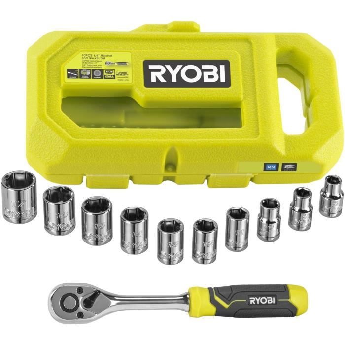 RYOBI - Coffret 1 clé 90 dents 8 douilles (de 8 à 15 mm) & adaptateur 1/4’’ - 3/8’’ - Compatible Ryobi® LINK - RHRS10PC