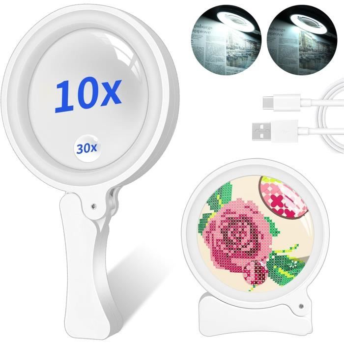 Loupe Lumineuse LED Portable 5 Modes - Grossissement 10x/20x/45x - Lentille 5,2 Pouces PMMA - Rechargeable USB - Pour Lecture, Inspection