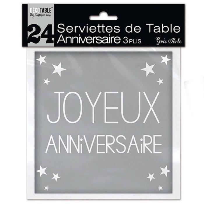 24 Serviettes 'Joyeux Anniversaire' - Gris - Cdiscount Maison