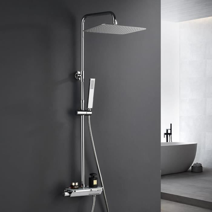 Système Douche Effet Pluie WilTec - Pommeau Carré + Douchette - Colonne Acier Inoxydable