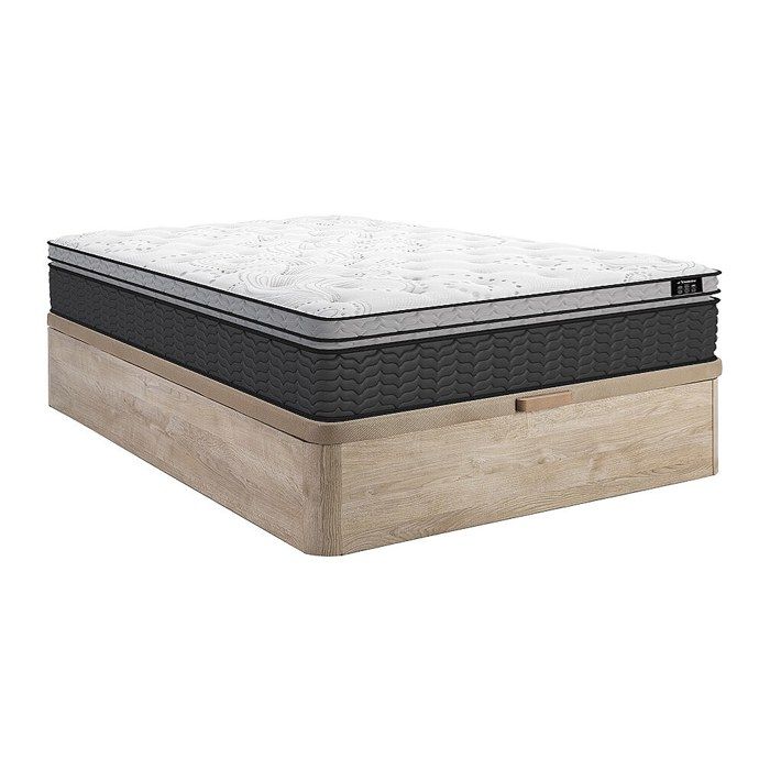 Ensemble 140 x 190 cm sommier coffre naturel clair + matelas hybride ressorts ensachés et surmatelas intégré ép.30cm - GAMIANI de