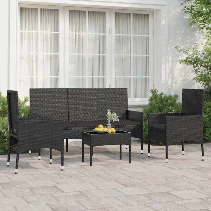 vidaXL Salon de jardin 4 pcs avec coussins Noir Résine tressée ensemble de salon dextérieur ensemble de mobilier 319502