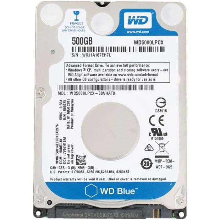 Digital WD Blue 500G 7mm Laptop dur interne pour ordinateur portable dur 5400 tr-min SATA 6Gb-s 16Mo Cache 2,5 WD5000LPCX