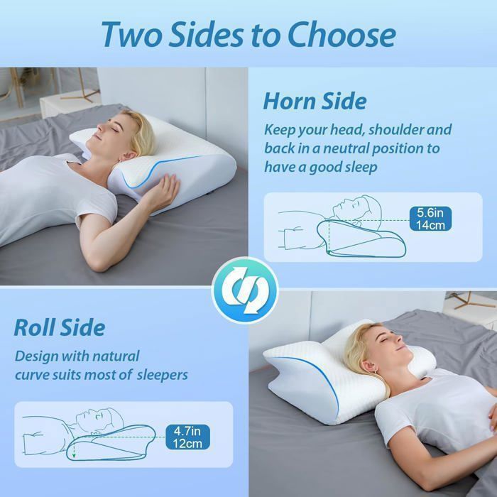 Oreiller Ergonomique Cervical Mémoire De Forme - Soutien Nuque Latéral Dorsal, Housse Lavable 58x40x10/13cm
