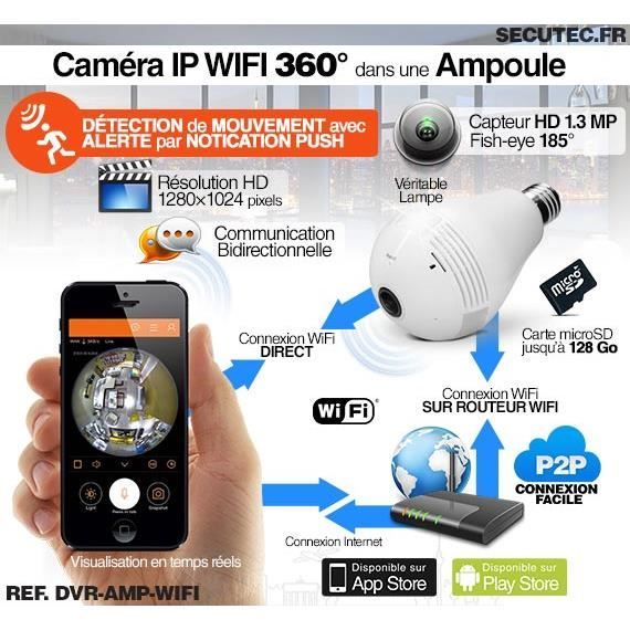 Caméra Surveillance & Espion - Ampoule - Wifi HD Panoramique 360° Avec  Accès par Smartphone