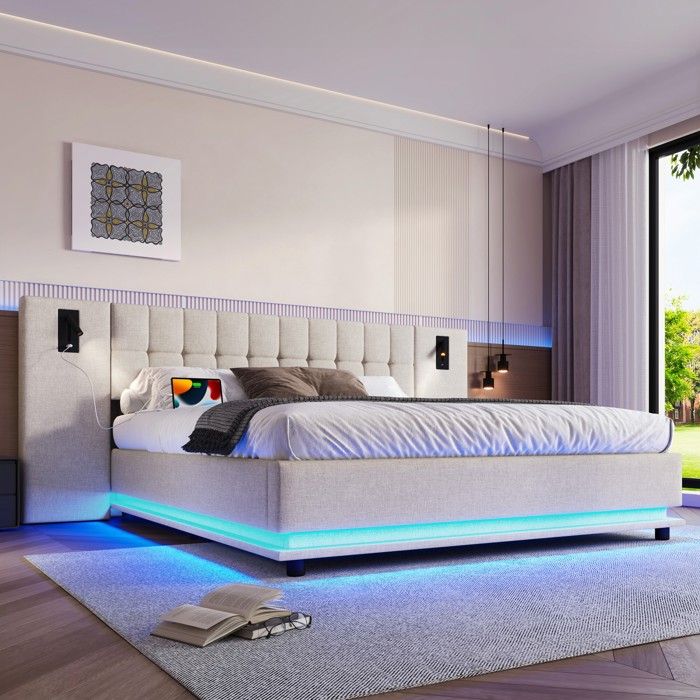 Lit 180x200cm avec LED tête de lit, Lit capitonné avec Rangement, Lit Coffre, Velours, Gris
