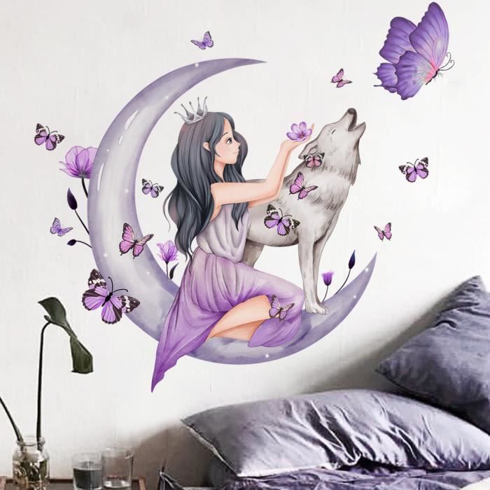 Fleurs lune fille papillon stickers muraux Fond mur salon chambre à coucher  décoration - Cdiscount Maison