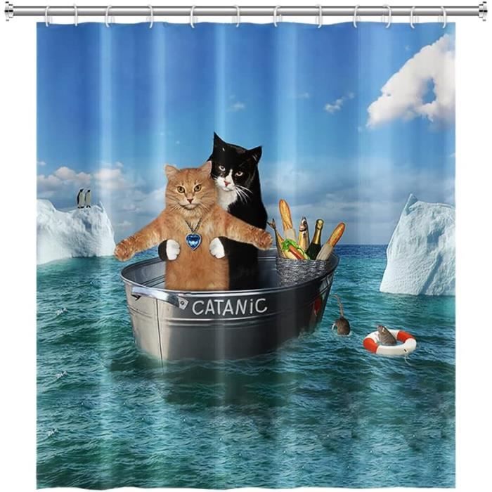 Rideau De Douche Chat Mignon 90x183cm Noir Et Blanc - Motif Drôle Minou Avec Crochets - Décoration Salle De Bain