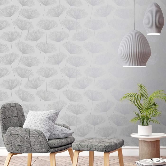 Papier Peint Pissenlit Floral Métallisé Gris Argent - Rouleau 10,05m X 0,53m, Marque Holden Decor