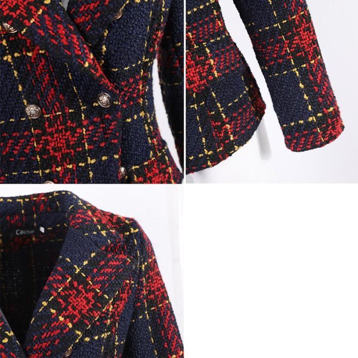 Manteau Femme Hiver Style Blazer à Carreaux - Longueur Genoux, Double Boutonnage, Poches - Veste Formelle Ou Décontractée