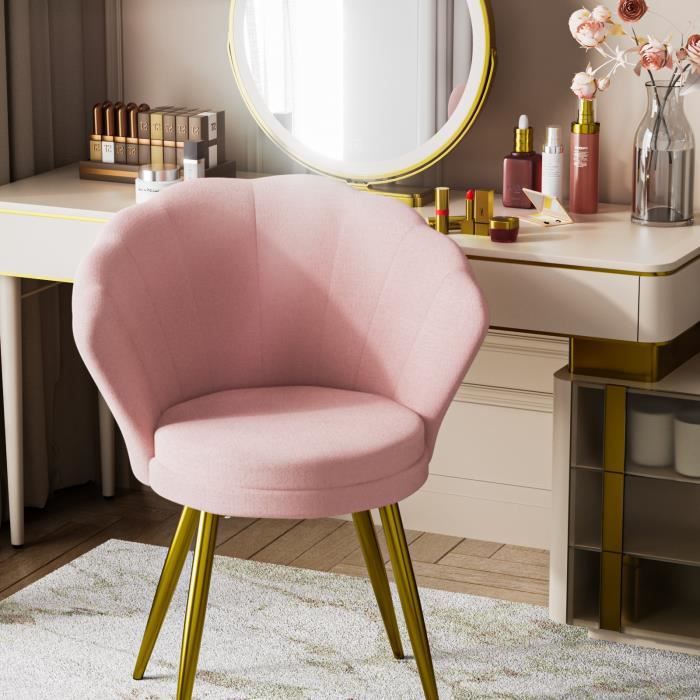 Fauteuil Coiffeuse élégant Avec Dossier Pétale Et Coussin - Velours Rose, Pieds Métal Doré - Pour Chambre Ou Salon