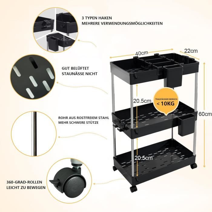 LIANTRAL Chariot De Cuisine 3 Niveaux Marron Sur Roulettes - Rangement Multifonction Cuisine, Salon, Salle De Bain, Bar