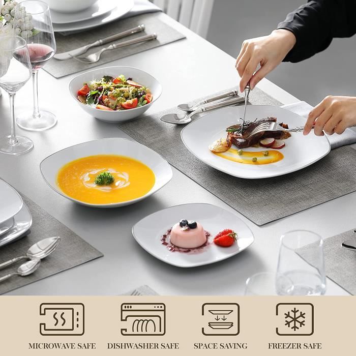 Service de table moderne pour 6 personnes en bleu avec bord blanc,  vaisselle combinée | bol