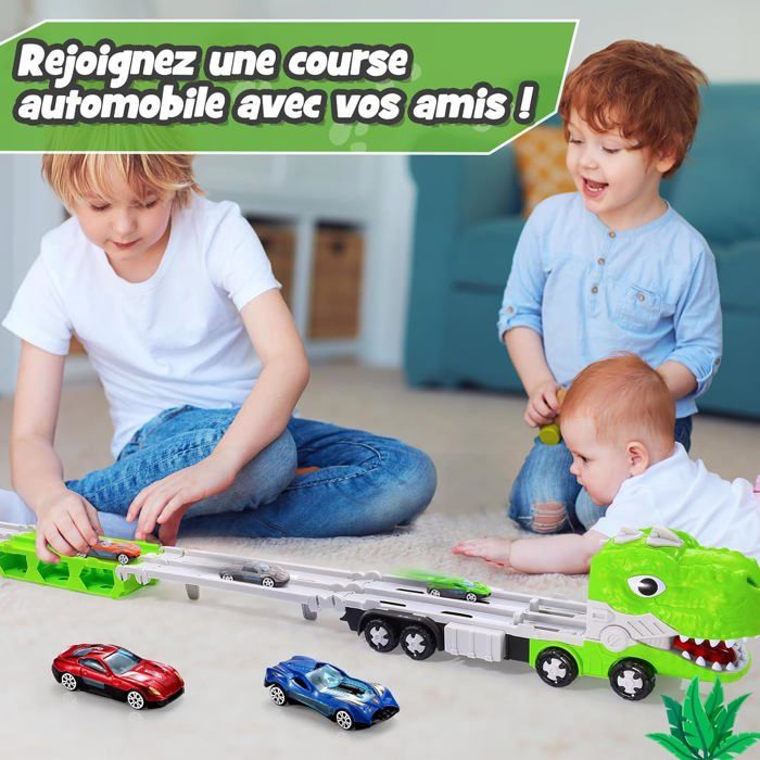 Camion Dinosaure IKidiki – Circuit 150 Cm Avec 6 Mini-Voitures – Cadeau 2-6 Ans